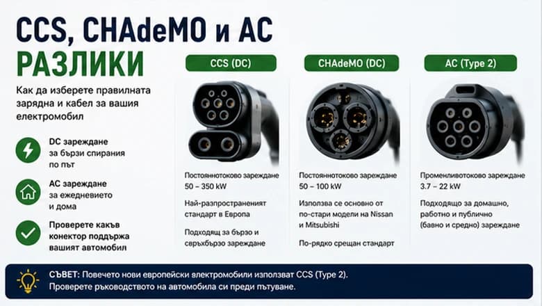 CCS vs CHAdeMO vs AC: Кой тип зарядна ми трябва?